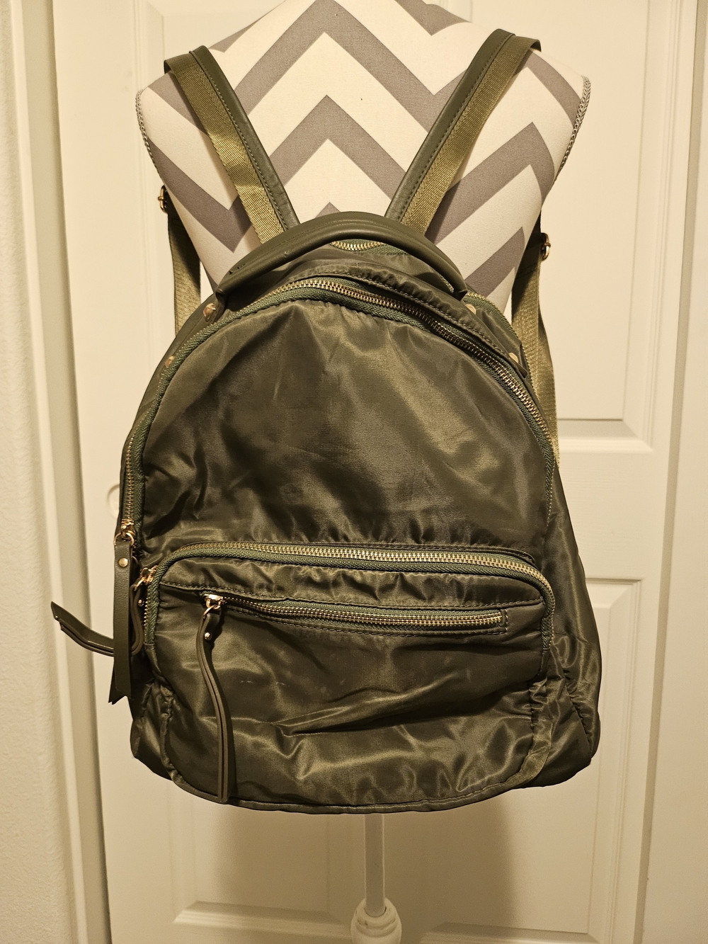 Urban Expressions Olive Green Nylon Backpack with Gold Hardware